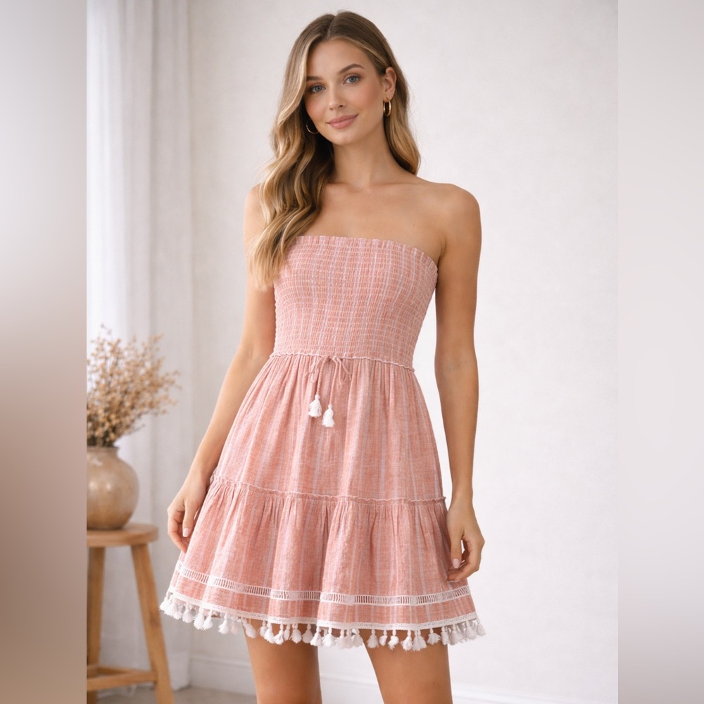 Blue Island Strapless Coral Dress with Tassels